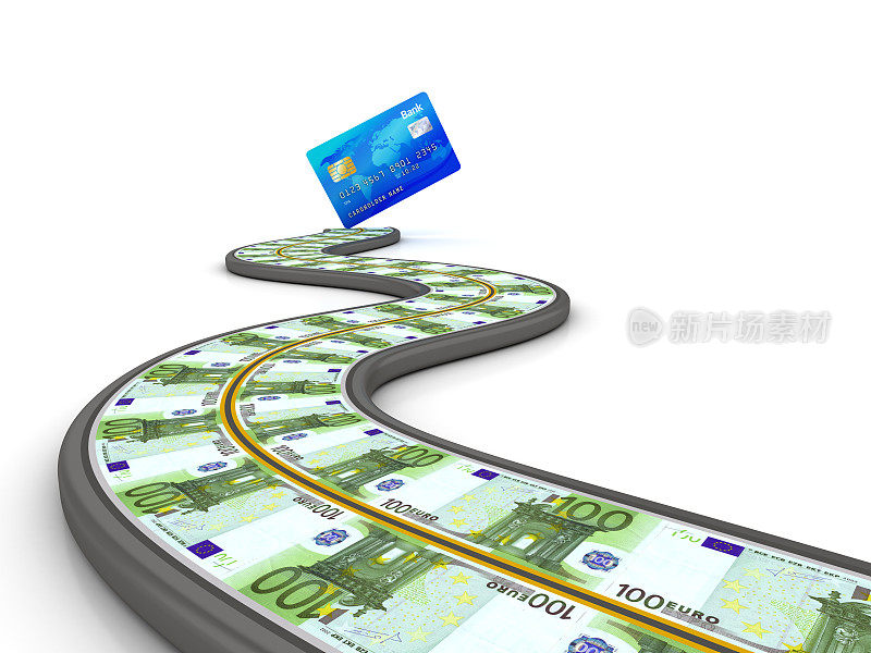 信用卡与蜿蜒的道路与欧元钞票- 3D渲染